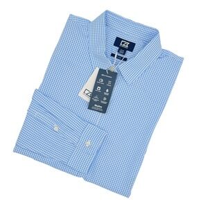 Cutter & Buck Skyline Eco Gingham LS Dress Shirt Blue White Mens Medium NWT